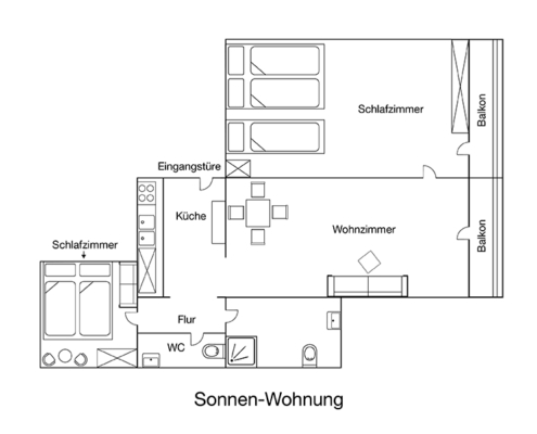 Grundriss der Ferienwohnung Sonnenwohnung in Lenggries bei Bad Tölz mit zwei Schlafzimmern Wohnbereich Küche zwei Balkonen und Bad mit WC