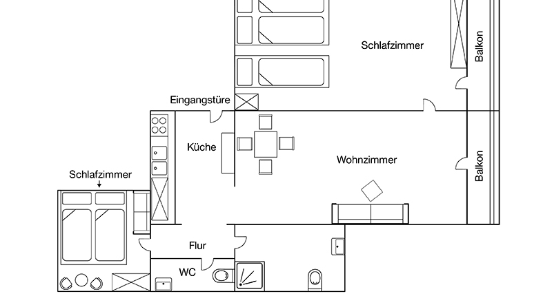 Grundriss der Ferienwohnung Sonnenwohnung in Lenggries bei Bad Tölz mit zwei Schlafzimmern Wohnbereich Küche zwei Balkonen und Bad mit WC