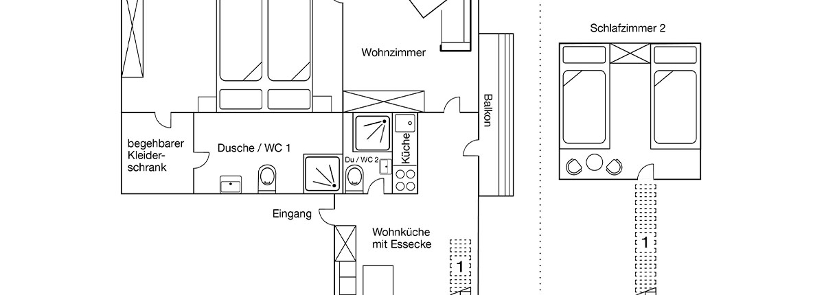 Grundriss der Ferienwohnung Brauneckblick in Lenggries bei Bad Tölz mit zwei Schlafzimmern Wohnküche Balkon und zwei Bädern