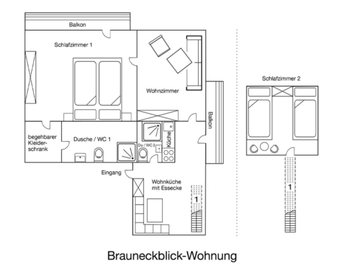 Grundriss der Ferienwohnung Brauneckblick in Lenggries bei Bad Tölz mit zwei Schlafzimmern Wohnküche Balkon und zwei Bädern