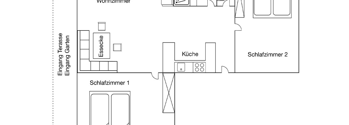 Grundriss der Ferienwohnung Garten in Lenggries bei Bad Tölz mit zwei Schlafzimmern Wohnbereich Küche Terrasse und barrierefreiem Bad