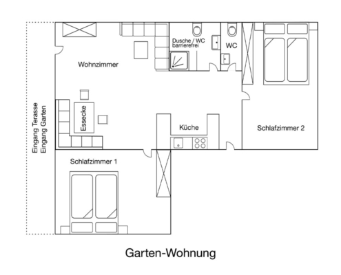 Grundriss der Ferienwohnung Garten in Lenggries bei Bad Tölz mit zwei Schlafzimmern Wohnbereich Küche Terrasse und barrierefreiem Bad
