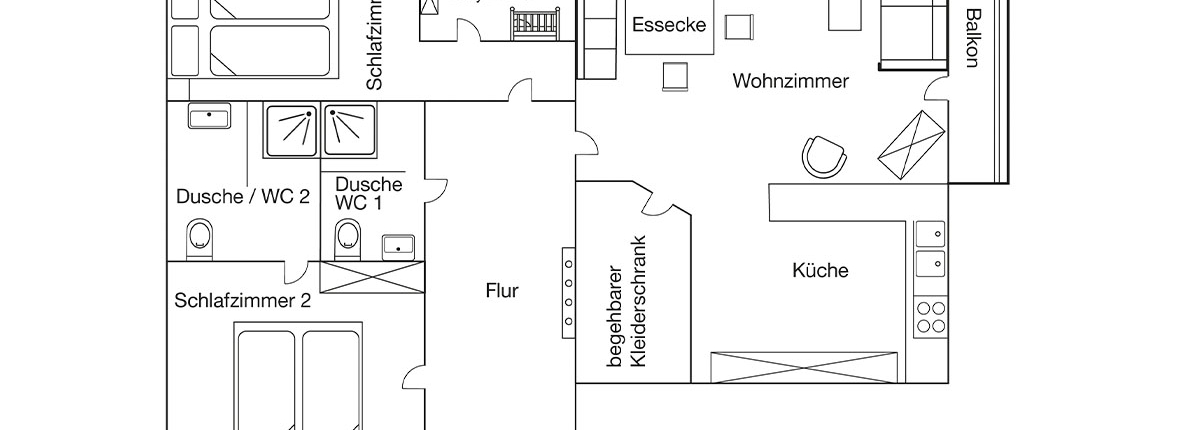 FEWO Geierstein Wohnung in Lenggries bei Bad Tölz Grundriss Grundriss der Ferienwohnung Geierstein in Lenggries bei Bad Tölz mit zwei Schlafzimmern Küche Wohnzimmer Balkon und zwei Bädern