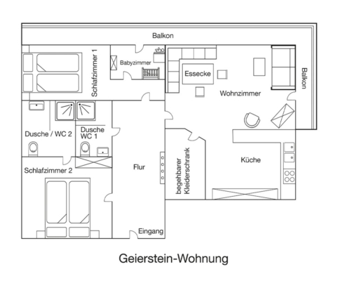 FEWO Geierstein Wohnung in Lenggries bei Bad Tölz Grundriss Grundriss der Ferienwohnung Geierstein in Lenggries bei Bad Tölz mit zwei Schlafzimmern Küche Wohnzimmer Balkon und zwei Bädern