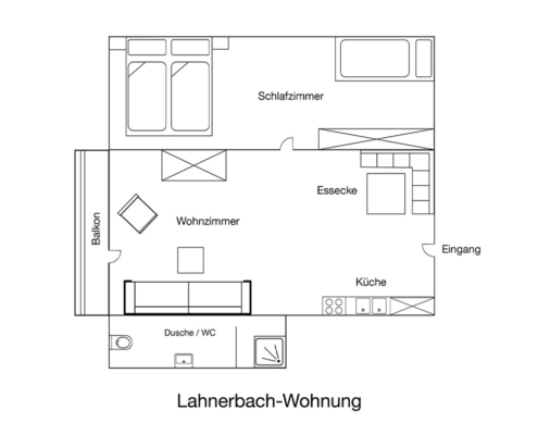 Grundriss der Ferienwohnung Lahnerbach in Lenggries bei Bad Tölz mit Schlafzimmer Wohnzimmer Küche Essbereich Balkon und Bad