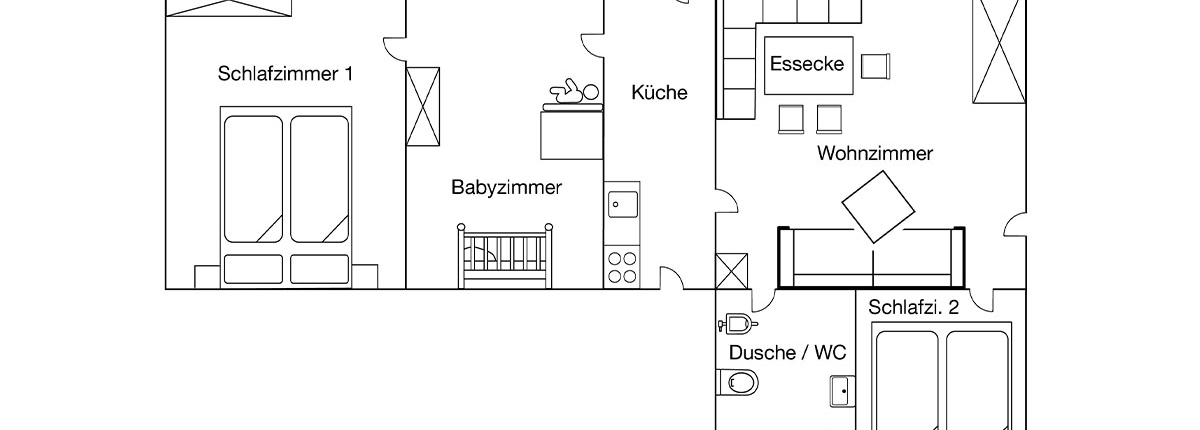 Grundriss der Ferienwohnung Lenggriesblick in Lenggries bei Bad Tölz mit zwei Schlafzimmern Küche Wohnzimmer Balkon und Bad