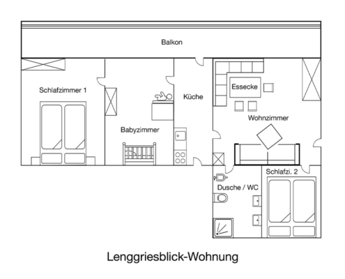 Grundriss der Ferienwohnung Lenggriesblick in Lenggries bei Bad Tölz mit zwei Schlafzimmern Küche Wohnzimmer Balkon und Bad