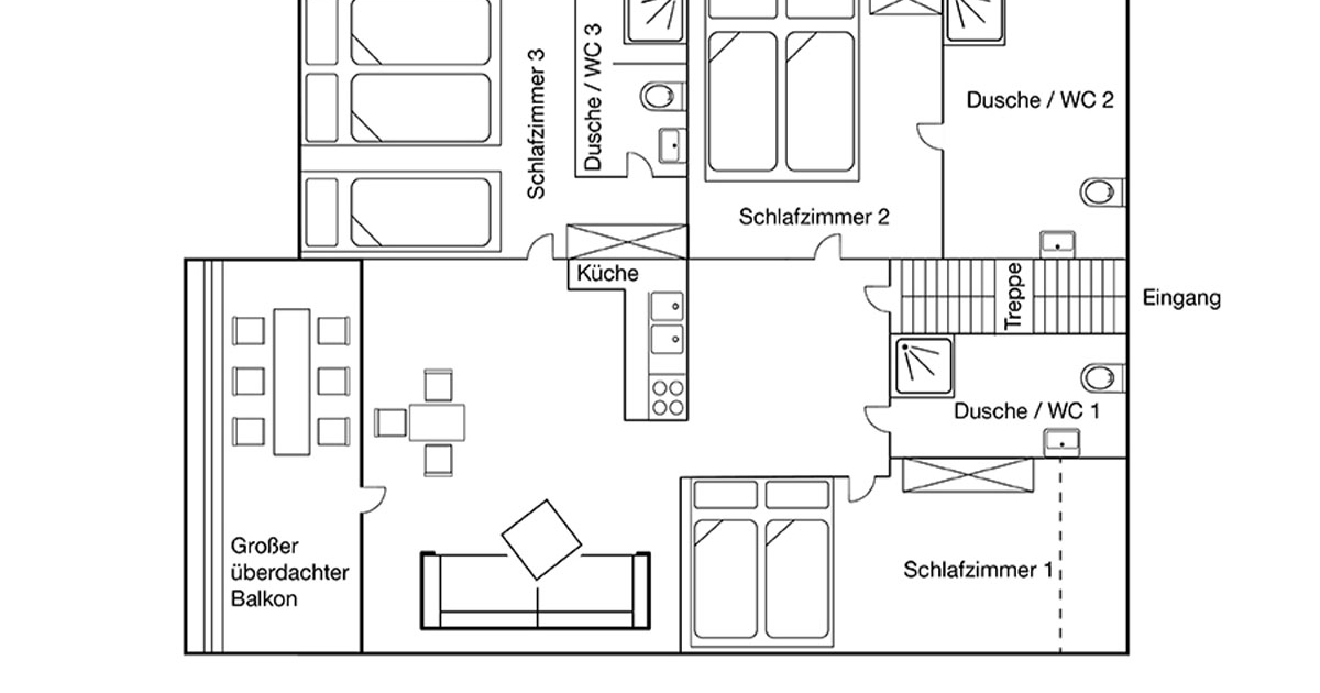 FEWO Panorama Wohnung in Lenggries bei Bad Tölz Grundriss Grundriss der Ferienwohnung Panorama in Lenggries bei Bad Tölz mit drei Schlafzimmern großer Wohnbereich Küche großem Balkon und drei Bädern