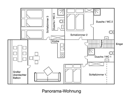 FEWO Panorama Wohnung in Lenggries bei Bad Tölz Grundriss Grundriss der Ferienwohnung Panorama in Lenggries bei Bad Tölz mit drei Schlafzimmern großer Wohnbereich Küche großem Balkon und drei Bädern