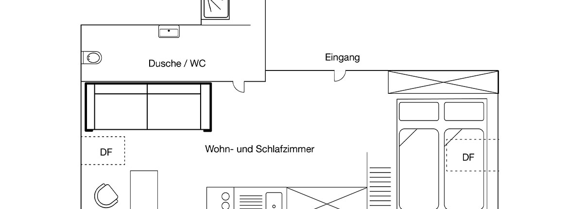 FEWO Stüberl Wohnung in Lenggries bei Bad Tölz Grundriss Grundriss der Ferienwohnung Stüberl in Lenggries bei Bad Tölz mit kombiniertem Wohn und Schlafzimmer Küche und Bad mit Dusche und WC