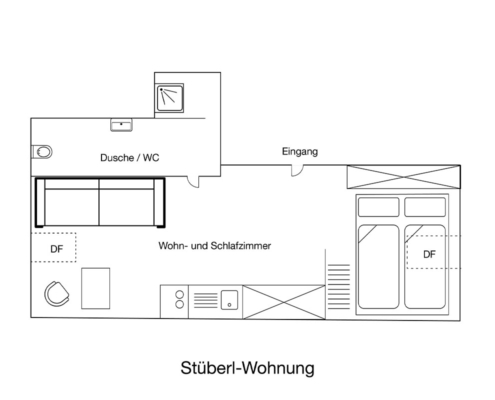 FEWO Stüberl Wohnung in Lenggries bei Bad Tölz Grundriss Grundriss der Ferienwohnung Stüberl in Lenggries bei Bad Tölz mit kombiniertem Wohn und Schlafzimmer Küche und Bad mit Dusche und WC
