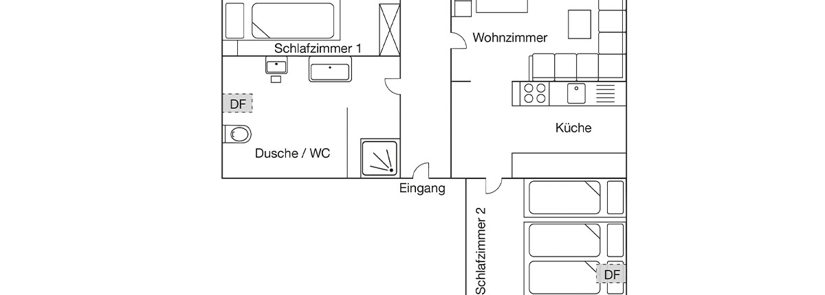 FEWO Vogelnest Wohnung in Lenggries bei Bad Tölz Grundriss Grundriss der Ferienwohnung Vogelnest in Lenggries bei Bad Tölz mit zwei Schlafzimmern Küche Wohnzimmer Balkon und Bad
