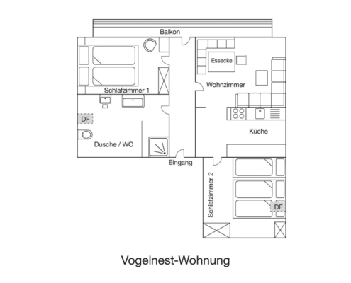FEWO Vogelnest Wohnung in Lenggries bei Bad Tölz Grundriss Grundriss der Ferienwohnung Vogelnest in Lenggries bei Bad Tölz mit zwei Schlafzimmern Küche Wohnzimmer Balkon und Bad