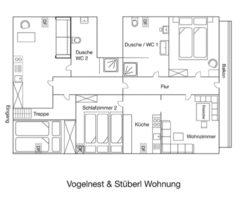 Grundriss der Ferienwohnung Vogelnest mit Stüberl in Lenggries bei Bad Tölz mit mehreren Schlafzimmern Küche Wohnzimmer Balkon und zwei Bädern