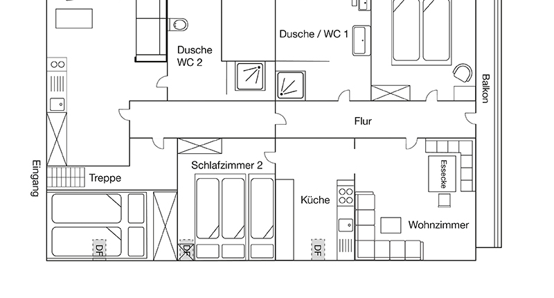 Grundriss der Ferienwohnung Vogelnest mit Stüberl in Lenggries bei Bad Tölz mit mehreren Schlafzimmern Küche Wohnzimmer Balkon und zwei Bädern